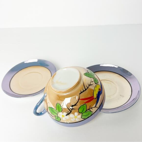 Vintage Lavender & Peach Iridescent Hand Painted Teacup & 2 saucers Japanese - Picture 6 of 15